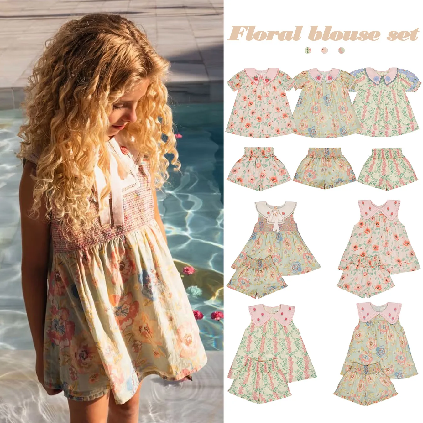 Children's Set - Summer 2026 - BA Baby Girl Country Style Embroidered Flower Gathered Blouse and Shorts Set