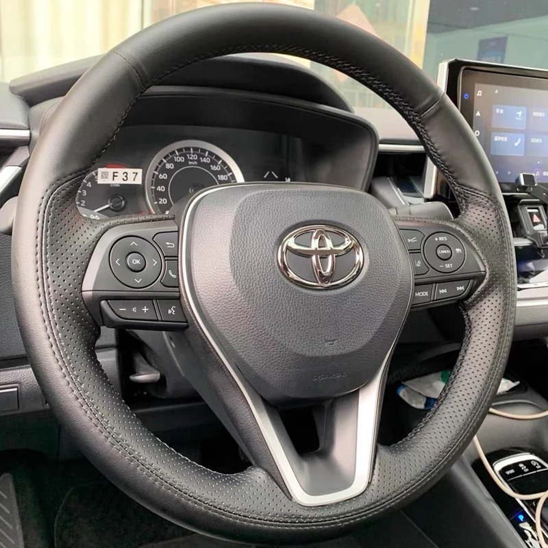 Hand Stitched Black white Genuine Leather Sports style Steering Wheel Cover For Toyota Avalon Camry Crown Corolla RAV4 2018-2022