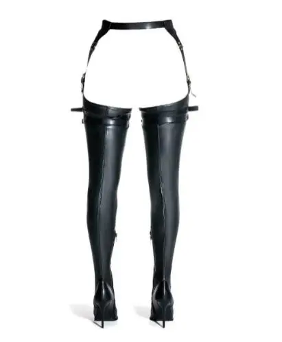 Sexy Black Matte Leather Pointed Toe Waist Belt Buckle Slim Thin Heels Over The Knee Jumpsuit Boots Punk Thigh Pants Boots Lady