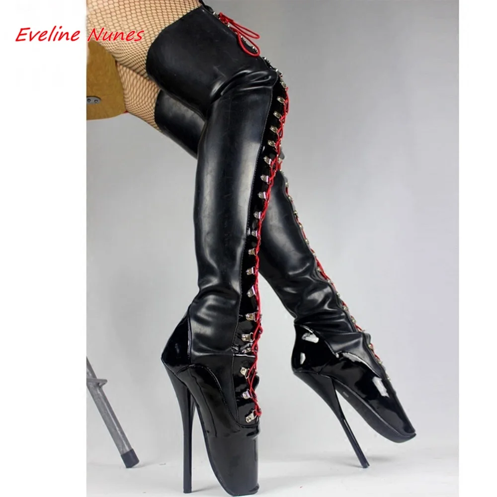 Black Thigh Boots New Arrival Women's Winter Red Cross Straps Thin High Heel Square Toe Fashion Nightclub Sexy Stage Shoes