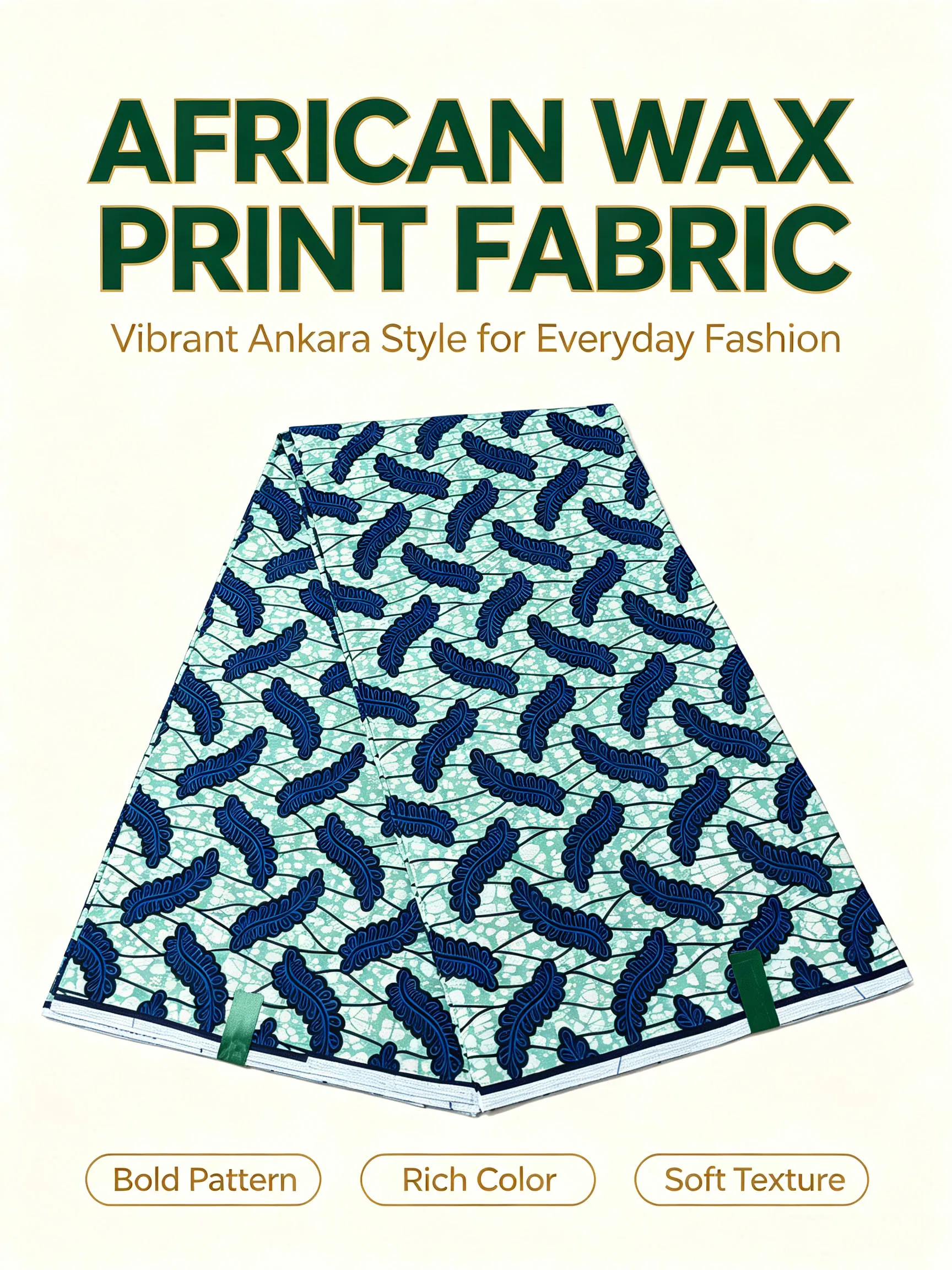 African Ankara Real Wax Print Fabric Green Blue Leaf Pattern 6 Yards Cotton Pagne For Women Dress Sewing African Batik Cloth view 5