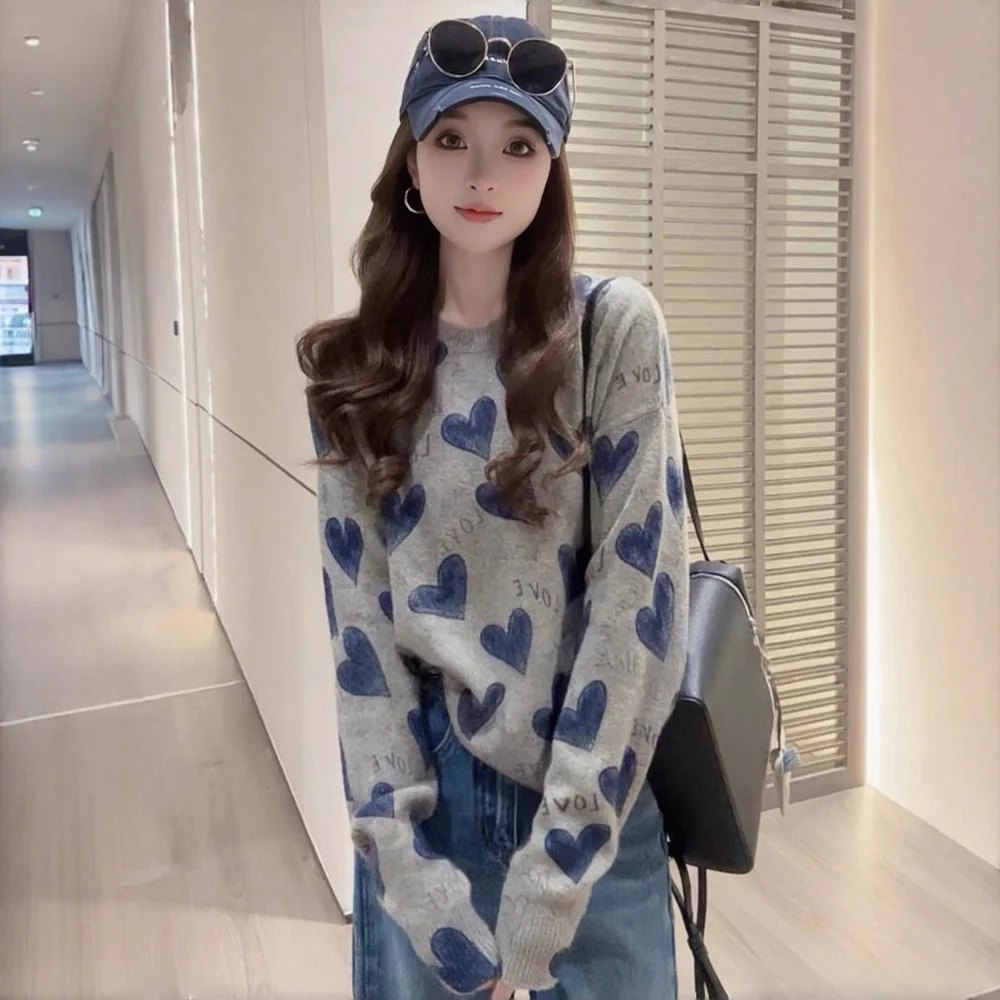 

Korean Style Loose Heart Letter Knit Top For Women Early Autumn Lazy Fashion Age-Reducing Pullover Sweater