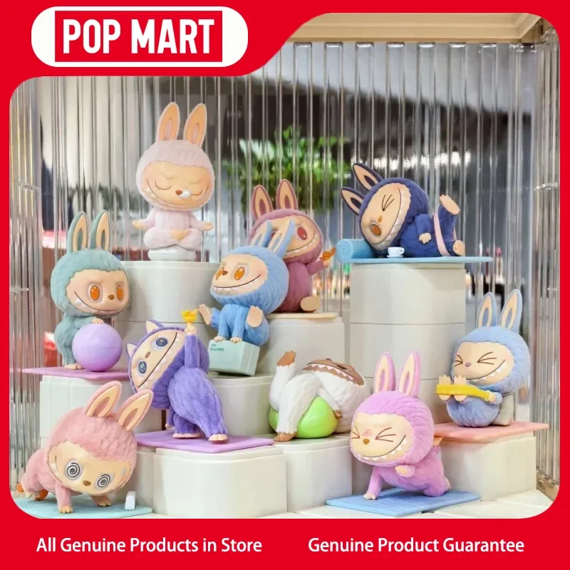 Figuras bonitas de Popmart Labubu Lazy Yoga, caja ciega, decoraciones, muñecas, juguetes de moda, adornos, caja misteriosa, pegamento