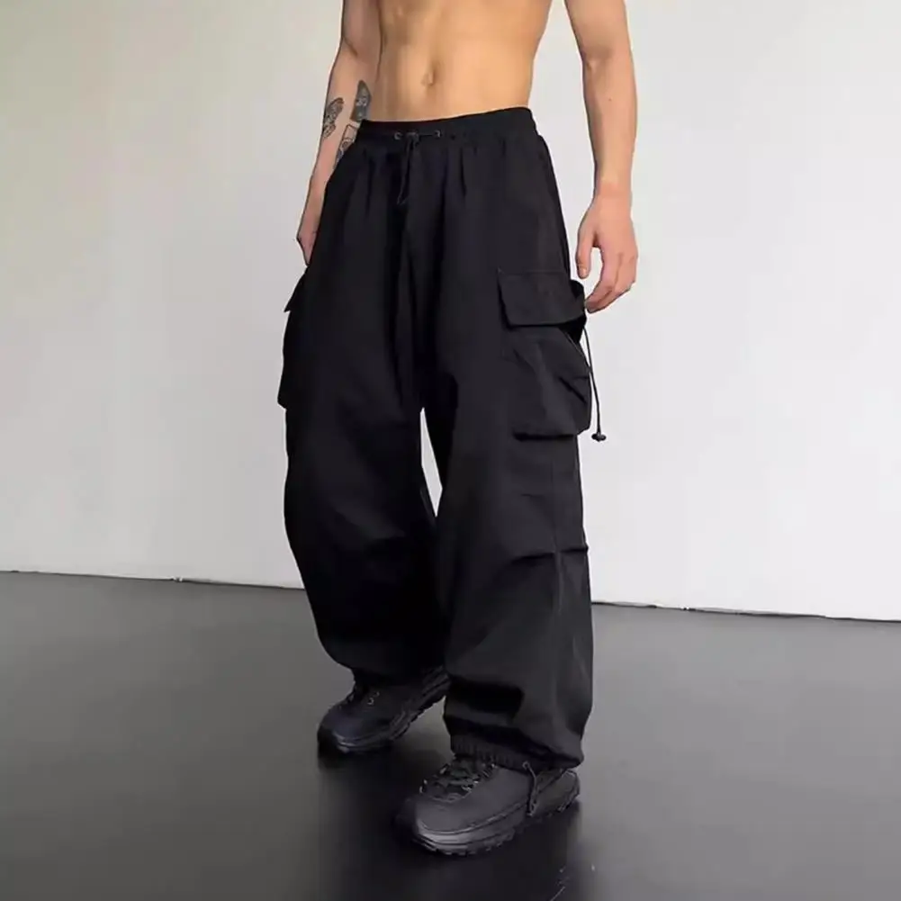 

Men Casual Cargo Pants Hip Hop Baggy Trousers with Pockets Low-Rise Elastic Waist Drawstring Loose Pants for Spring Autumn