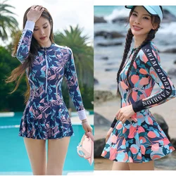 Women Long Sleeve One Piece Rash Guard Swimsuits Dress Zipper Bathing Suit Skirt with Boyshorts Beachwear Susnuit Rashguard