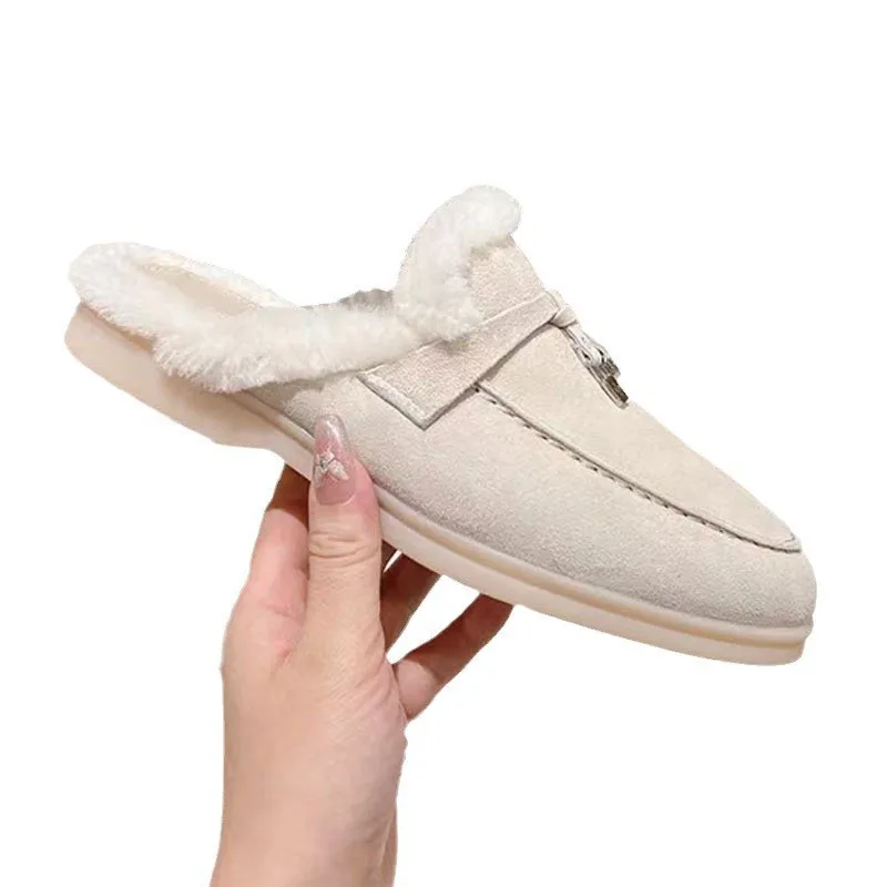 2025, italienische High-End-Loafer für Herbst und Winter, Samt-Taschenkopf, Schaffell, faule Schuhe, flacher Boden, halbhaariges Drag-Paar