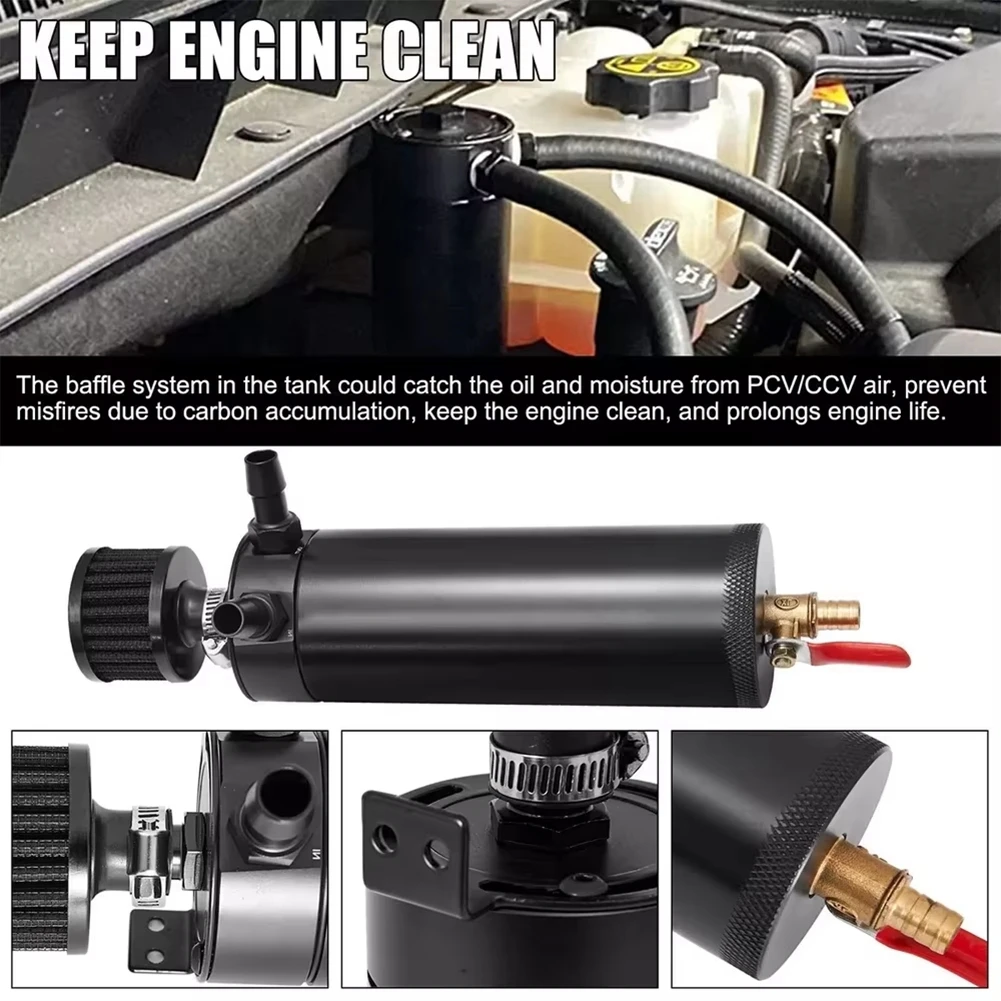 A19Q-Universal 2 Port Aluminum 750Ml Baffled Oil Catch Can Reservoir Tank With Breather Filter And Drain Valve
