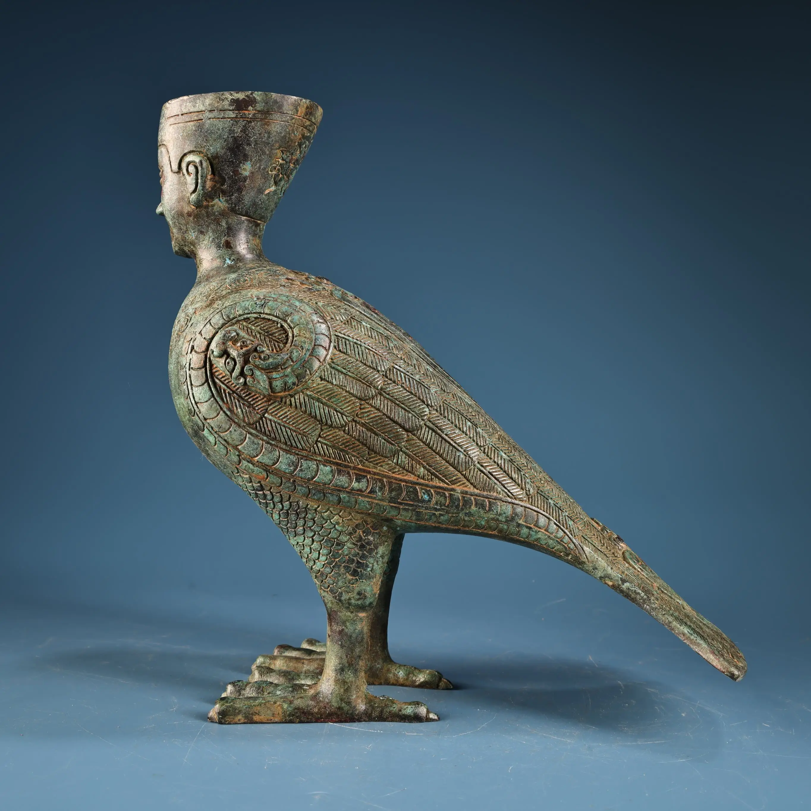 Tibet Folk Old Bronze Ware nscription Engraved pattern Bronze Man Face Bird Body Statue Human headed bird Amass wealth Ornaments