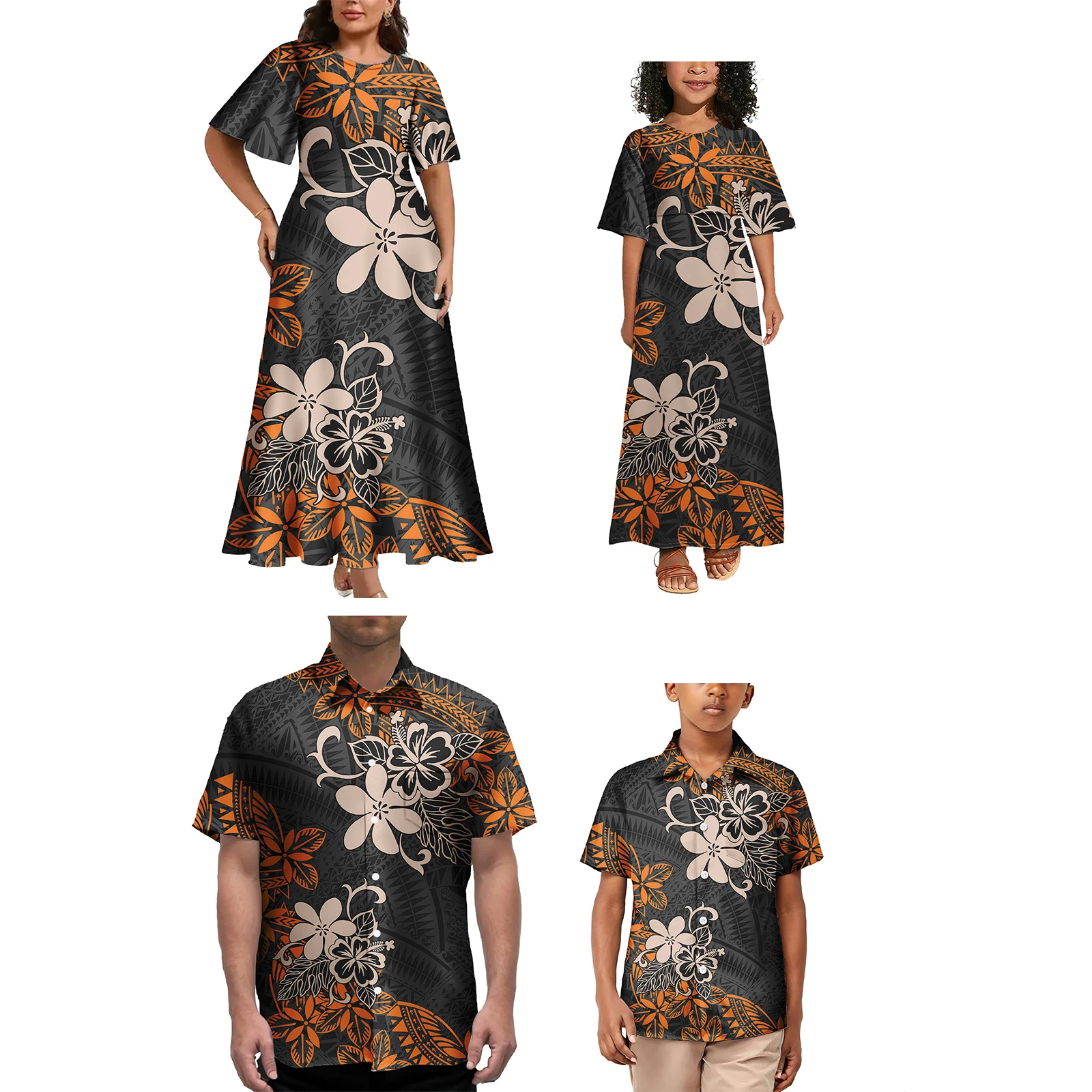 

Family Matching Clothes Polynesian Tribal Design Parent-child Casual Island Shirt Dress 4Pcs Set family matching outfits