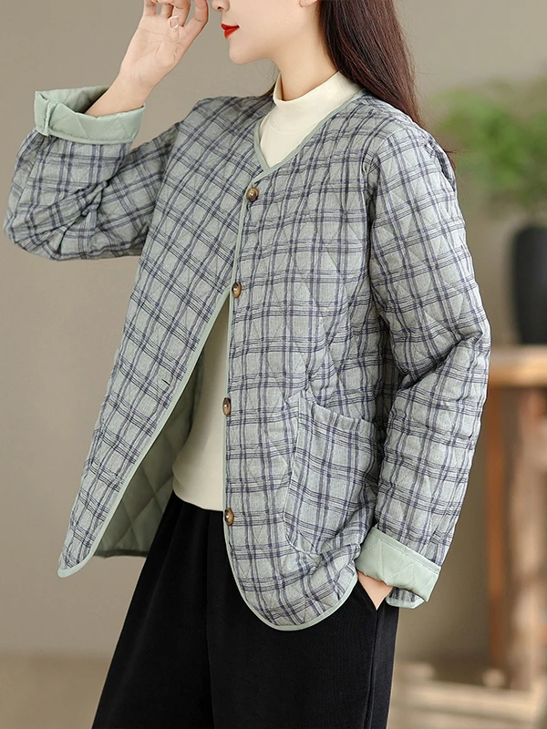 

Retro Plaid Cotton Jaet Women's Loose Warm ort Outerwear Large Size Faionable Slimming Autumn Winter Coat with Button