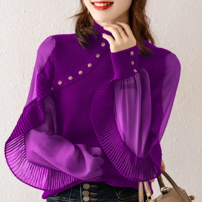 

Winter New Pleated Patchwork Pullovers Top Long Sleeve Solid Slim Trend Knitting Sweaters Fashion Vintage Women Clothes X801