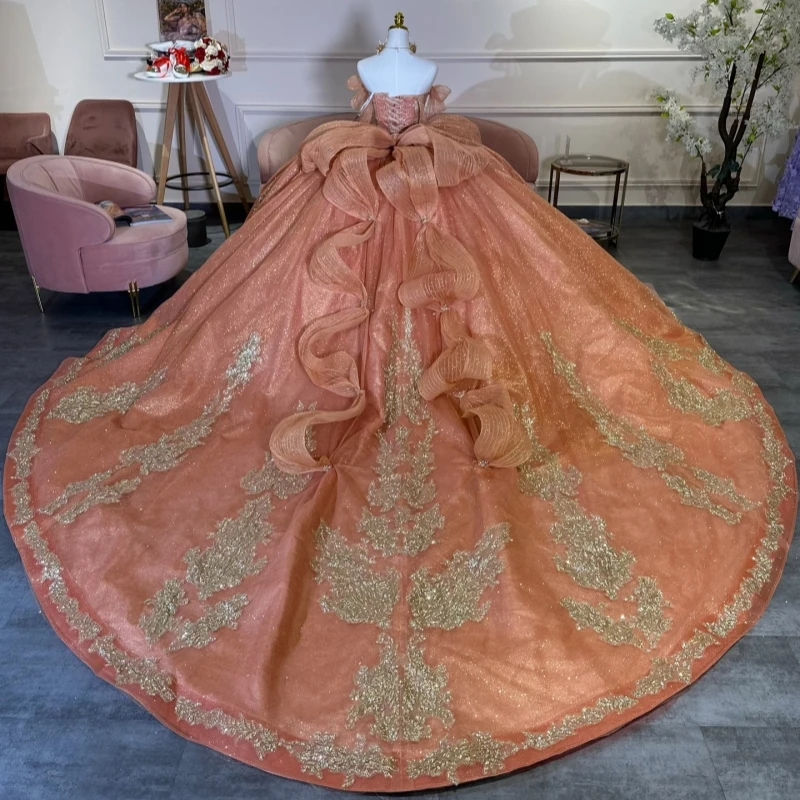 Orange Shiny Ball Gown Quinceanera Dresses Gold Applique Lace Beading Crystal Bow Tull Corset Off Shoulder Sweet 16 Dress vestid