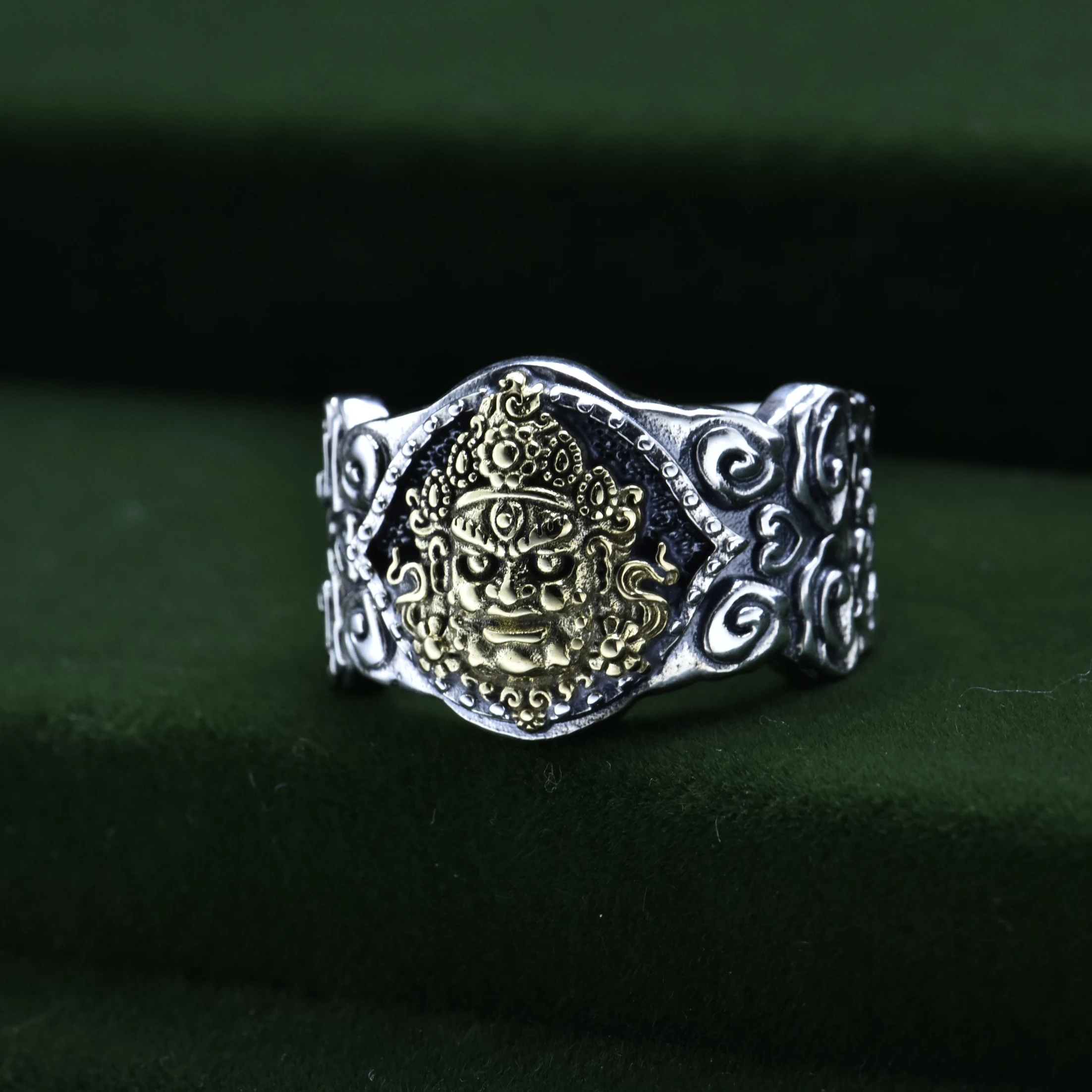 

S925 sterling silver yellow god of wealth pattern ring retro ethnic style trendy men and women stylish live ring