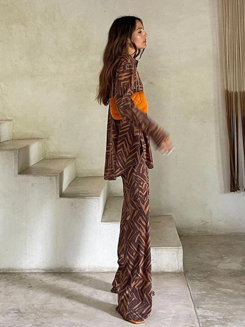 Marthaqiqi Printing Ladies Nightgowns Set Long Sleeve Nightwear Sexy Turn-Down Collar Pajamas Pants Casual Female Sleepwear Suit