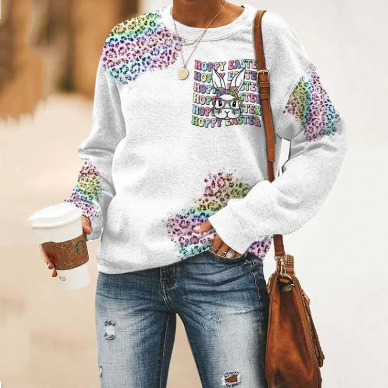 Spring and summer tie dye Easter bunny themed printed loose long sleeved T-shirt