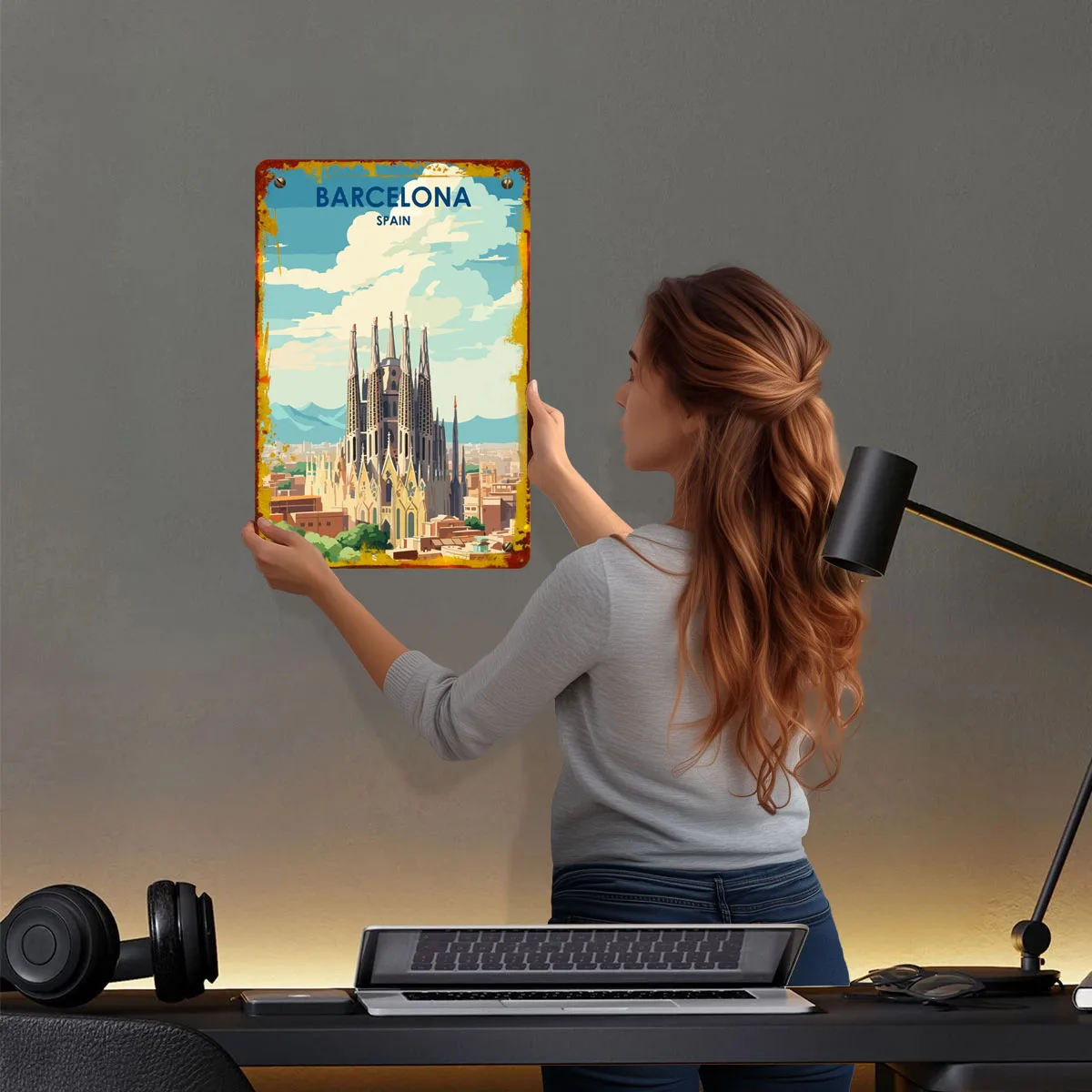 Visit Barcelona Metal Signs Travel Poster Vintage Metal Plate Custom Tinplate Sign for Wall Art Decoration Vintage Room Decor