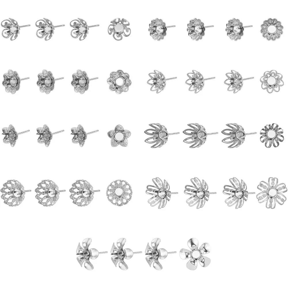 36pcs 9 Styles 4mm Tray Flower Stud Earrings Rhinestone Earrings 0.7mm Pin Stainless Steel Stud Earring Findings for DIY