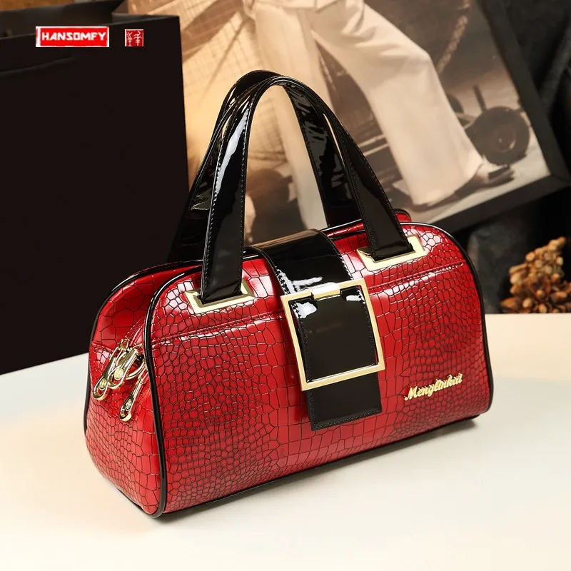 

Fashion Genuine Leather Women Handbag Mother Bag Shoulder Messenger Middle-aged Female Bag Crocodile Pattern Portable Boston Bag