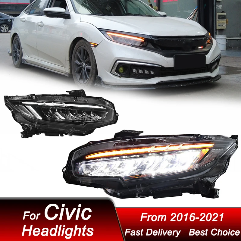 

Автомобильные фары для Honda Civic 10G 2016-2021 новый стиль полный светодиодный налобный фонарь в сборе обновленный комплект аксессуаров для объектива проектора