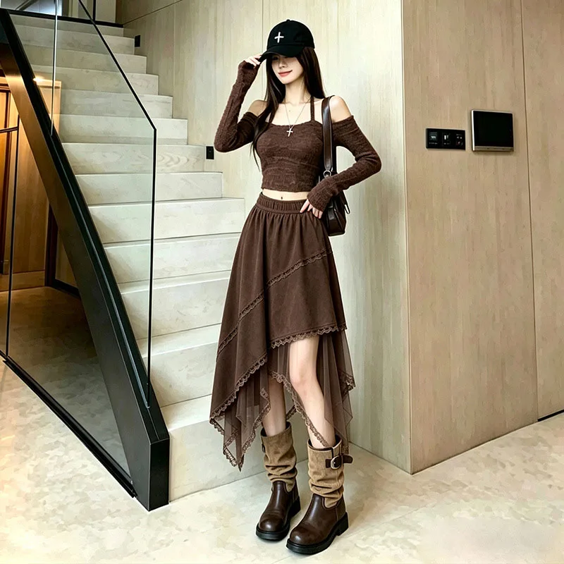 Women Vintage Irregular Midi Skirts High Waist Lace Patchwork Tulle A Line Skirts for Women Autumn Faux Suede Skirts Streetwear