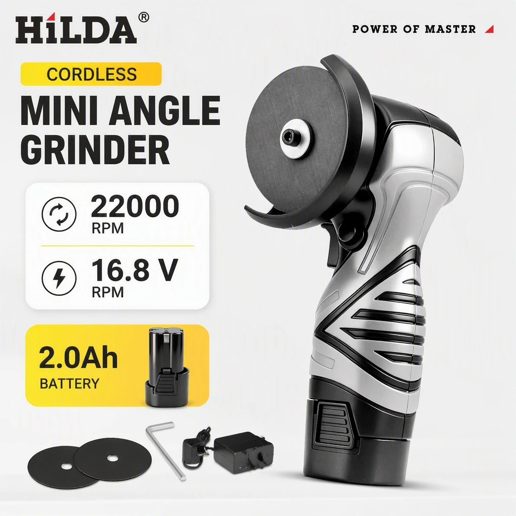 HILDA 16.8V Brushed Mini Angle Grinder Powerful and Efficient Portable Mini Angle Grinder One Machine For Multiple Uses