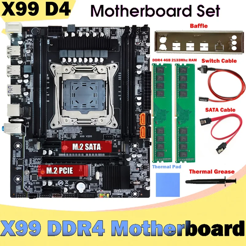 X99 Motherboard +2XDDR4 4GB 2133Mhz Ram+Baffle+SATA Cable+Switch Cable LGA2011-3 For E5-2678 V3 E5 2676 V3 E5 2696 V3 CPU Kits