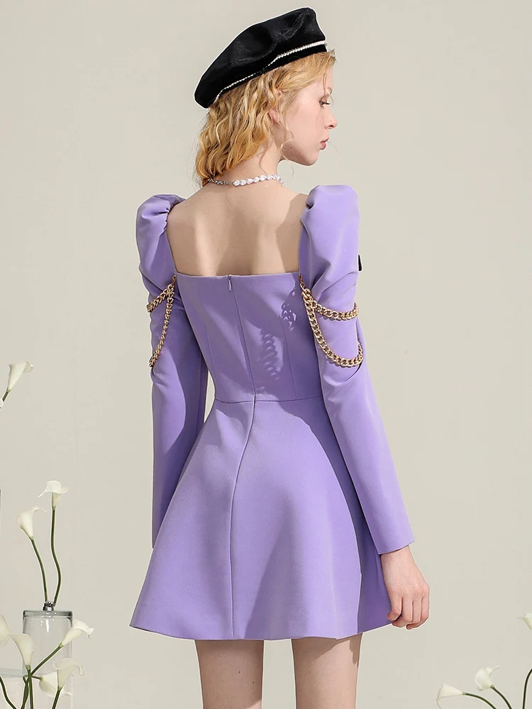 High-End Elegant Purple Dress for Women Dresses 2024 Spring and Summer Design Beautiful Girl Bow Chain Midi Dress Party Vestidos