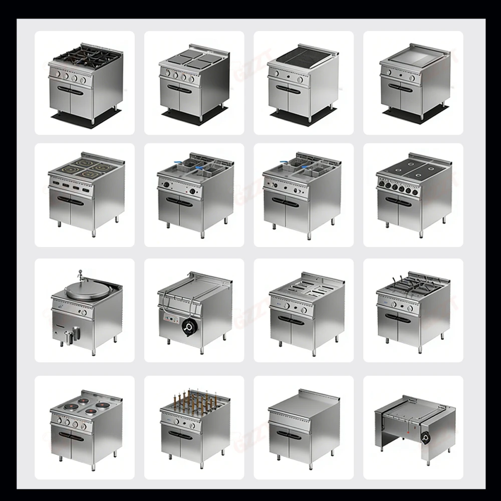 Commercial Restaurant Kitchen Solutions Gas Stove Cooker Stainless Steel Body 10 Burners Pot Ranges With 2 Units Pizza Oven