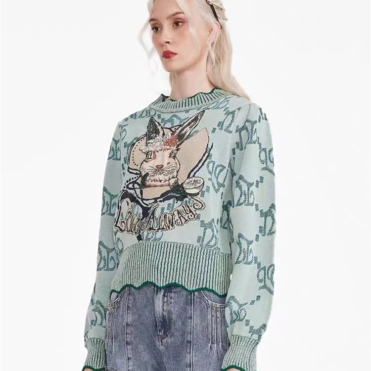 

Embroidery Cartoon Rabbit Sweater Women Wave Collar Knitted Pullovers Long Sleeve Tops Fashion Mujer Pull Femme Jumper Knitwear