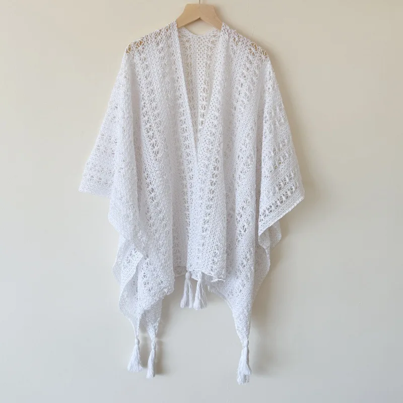 Women Hollow Knit Kimono Tassel Shawl Boho Outer Cover up For Travel Vacation Sling Dress Matching