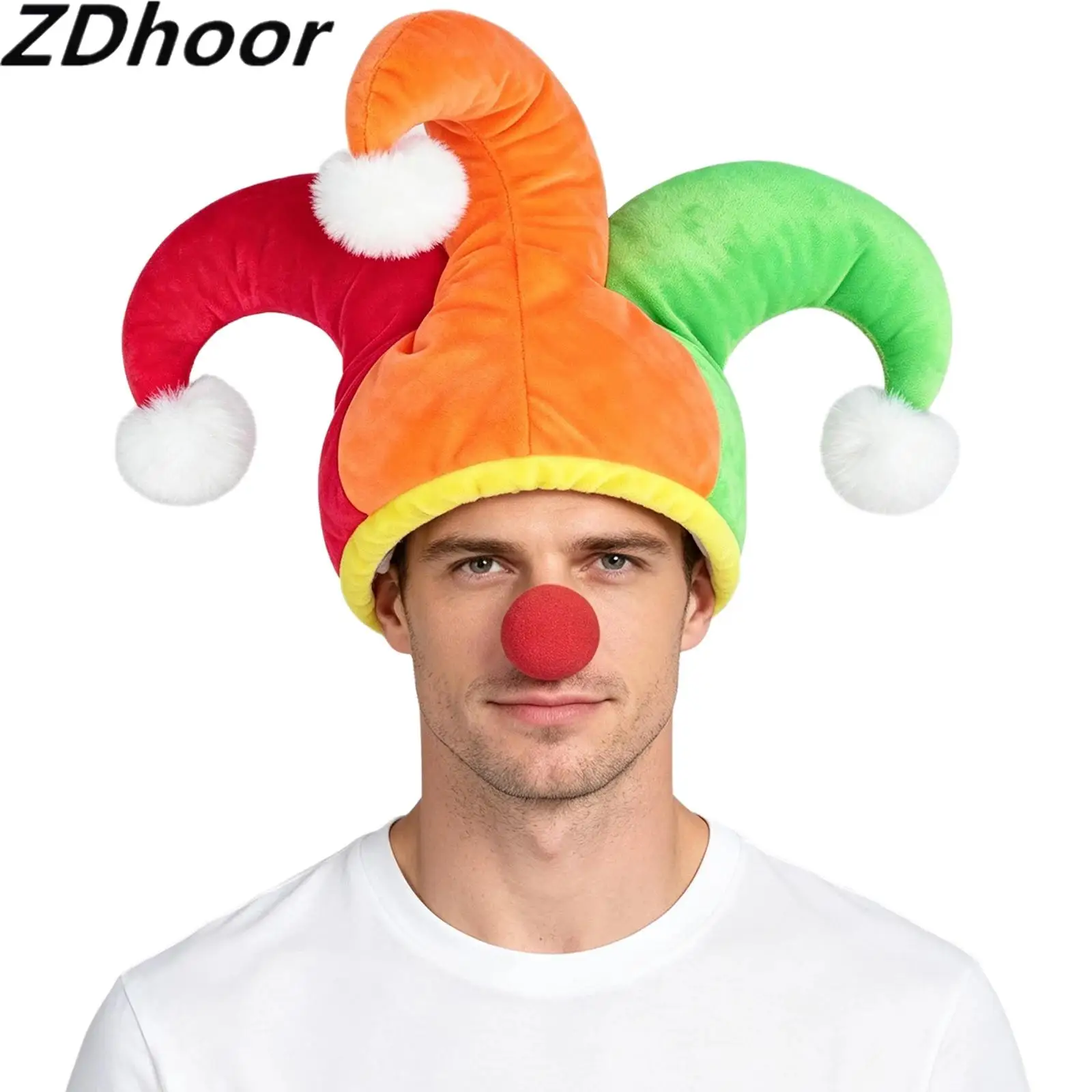 Unisex Men Women Contrast Color Brimless Clown Hat Cap with Pompoms for Jester Themed Party Cosplay Stage Performance Halloween