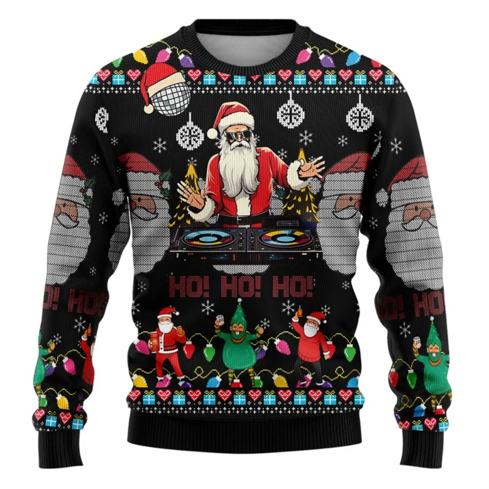 Unisex Xmas Sweatshirt Hip‑hop DJ Santa Ho Ho Ho Graphic Disco Party Style O‑Neck Long Sleeve Winter Festival Casual Tops