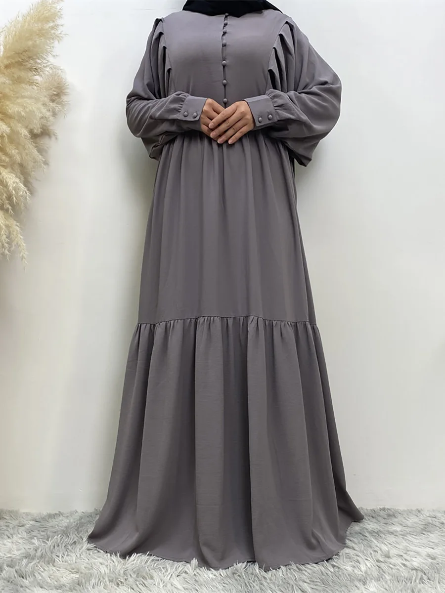 Muslim Middle Eastern Women\'s Abaya Loose Style Chiffon Long dress Solid Color Islamic Clothing Dubai Turkey Loose A-line button