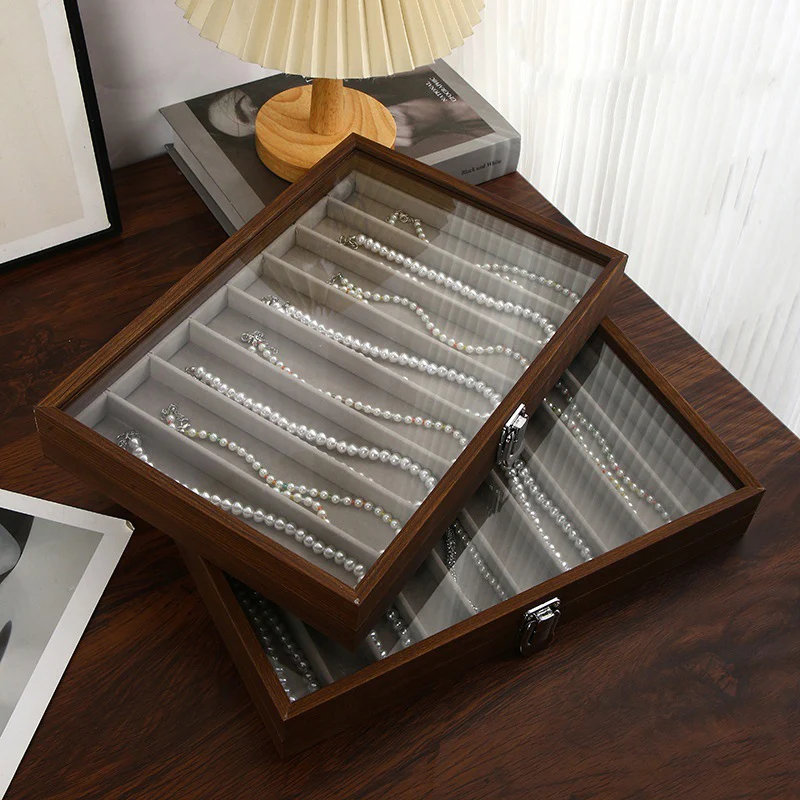

Walnut Wooden Jewelry Storage Box with Lid Dustproof Necklace hick Neck Chain Display Case Transparent Jewelry Organizer