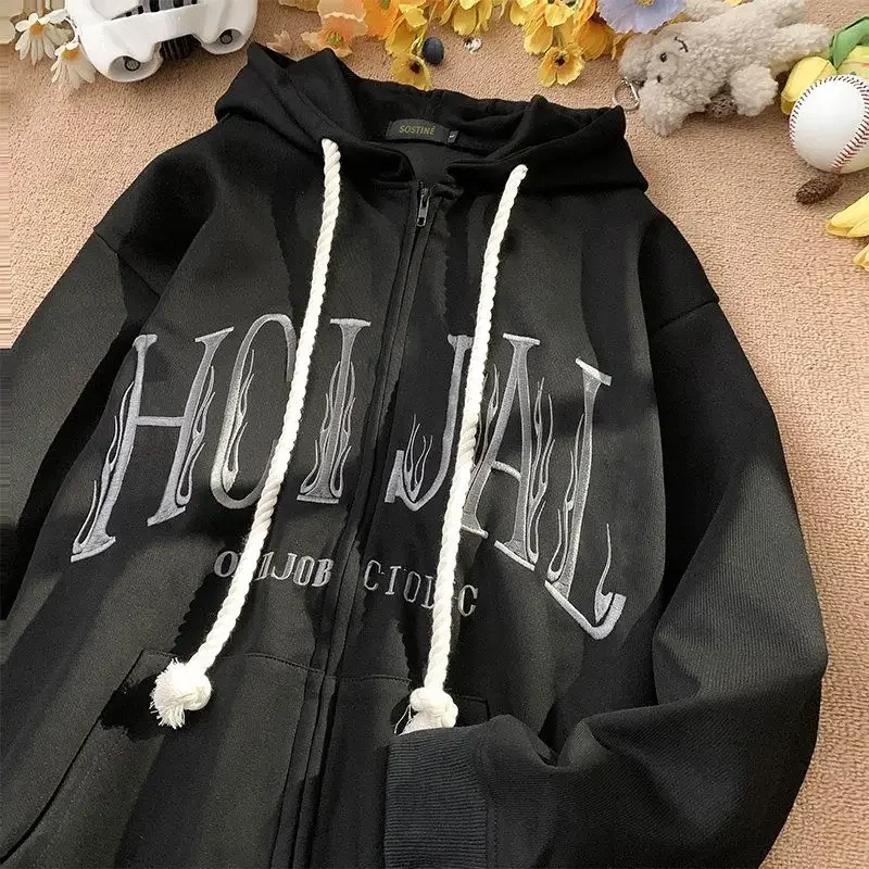 American Vintage Letter Hooded Cardigan Sweater Men and Women Oversize Loose Couple Autumn and Winter Versatile Zipper Coat Top