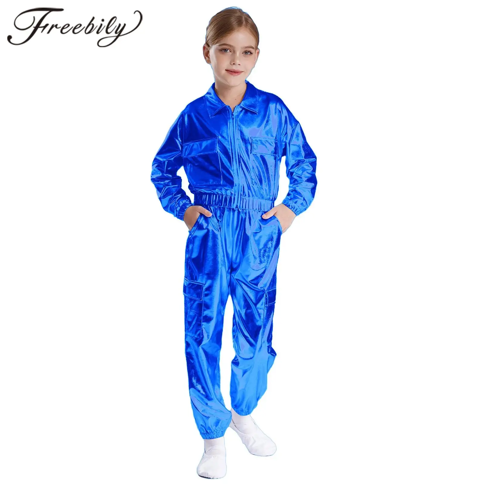 Kids Boys Girls Hip-Hop Metallic Jacket Fashion Outwear with Shiny Pants for Jazz Dance Costumes Children's Streetwear Outfits