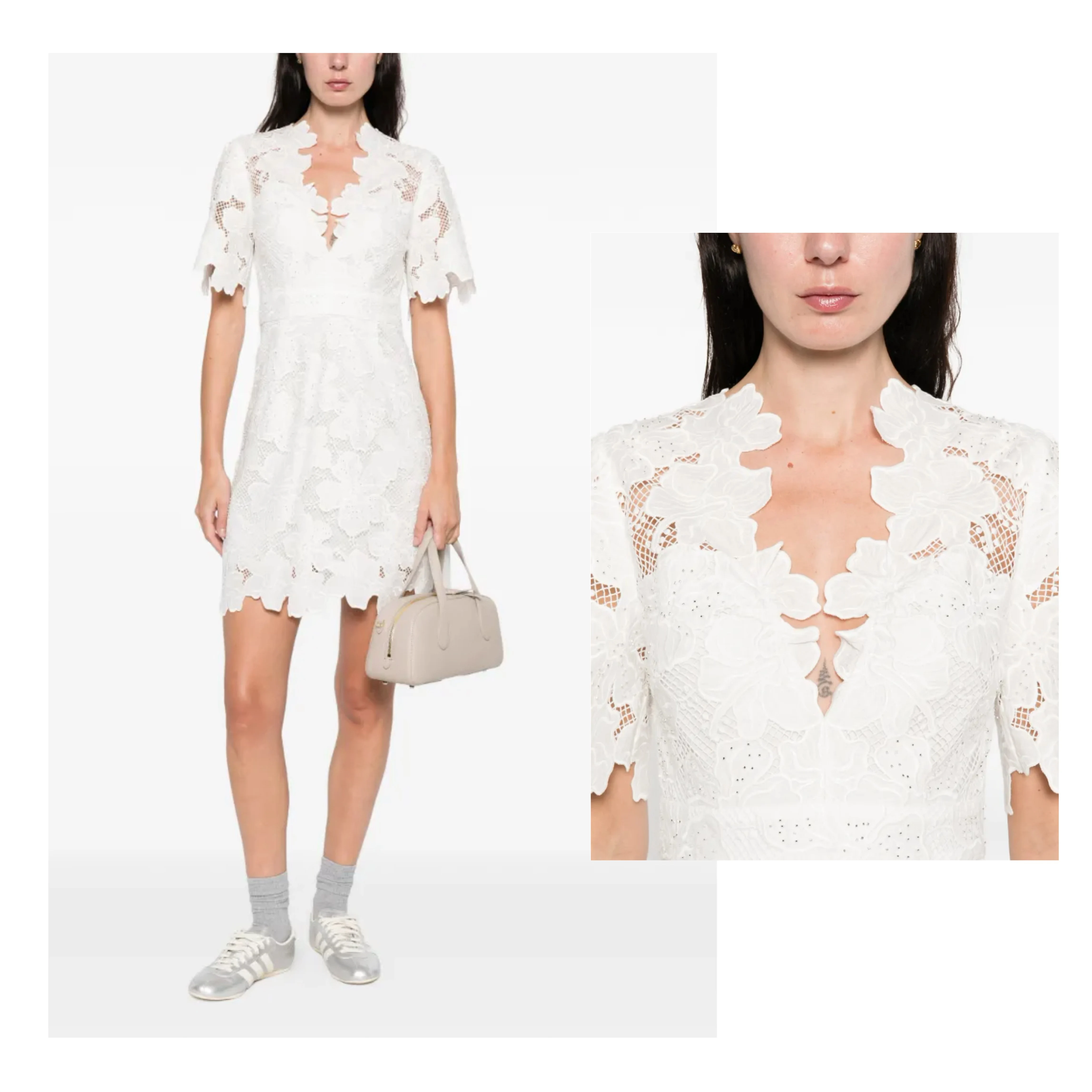 

Elegant French Style Lace Trim Dress Hollow out V-Neck Waist Cinched Short Skirt Polyester Cotton Nylon Blend No Stretch A-Li...