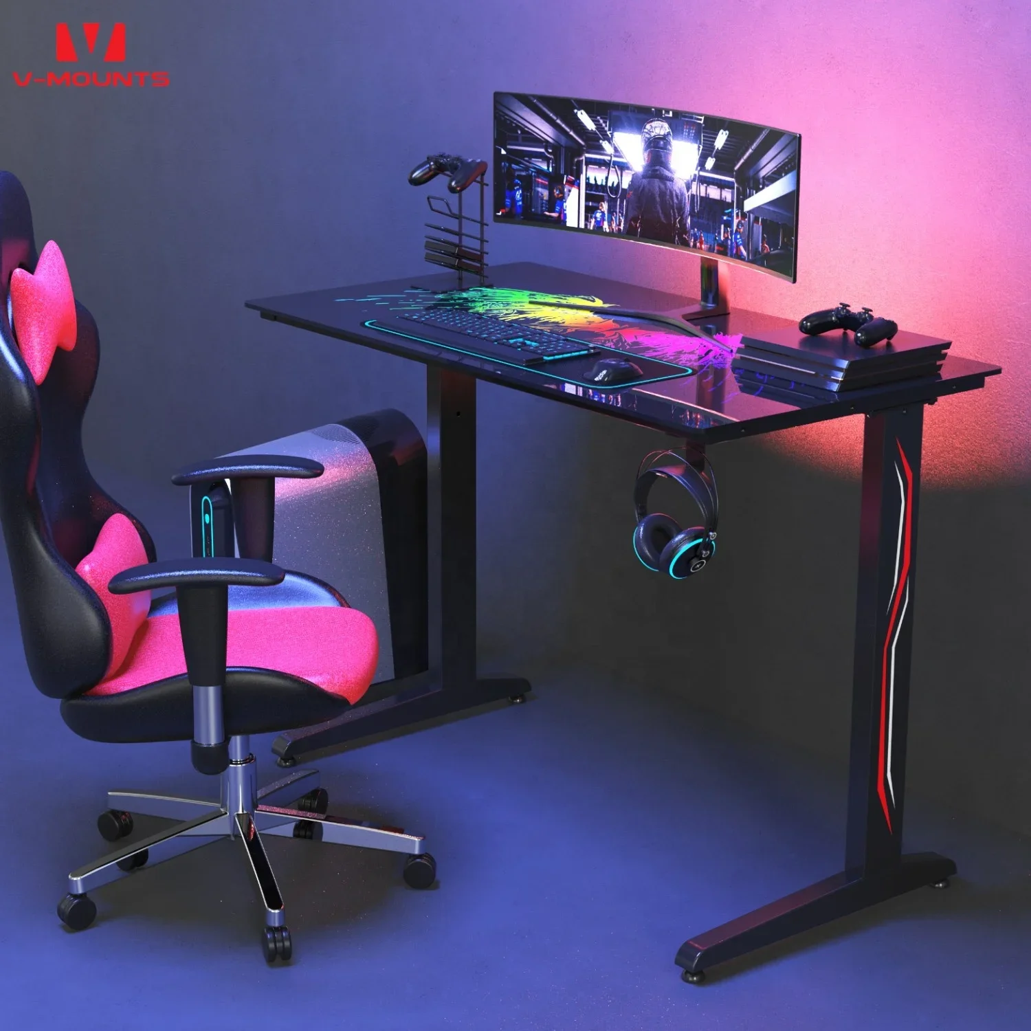 Factory wholesale custom black gaming computer desk large desktop rgb led light game desks high quality gaming room setup