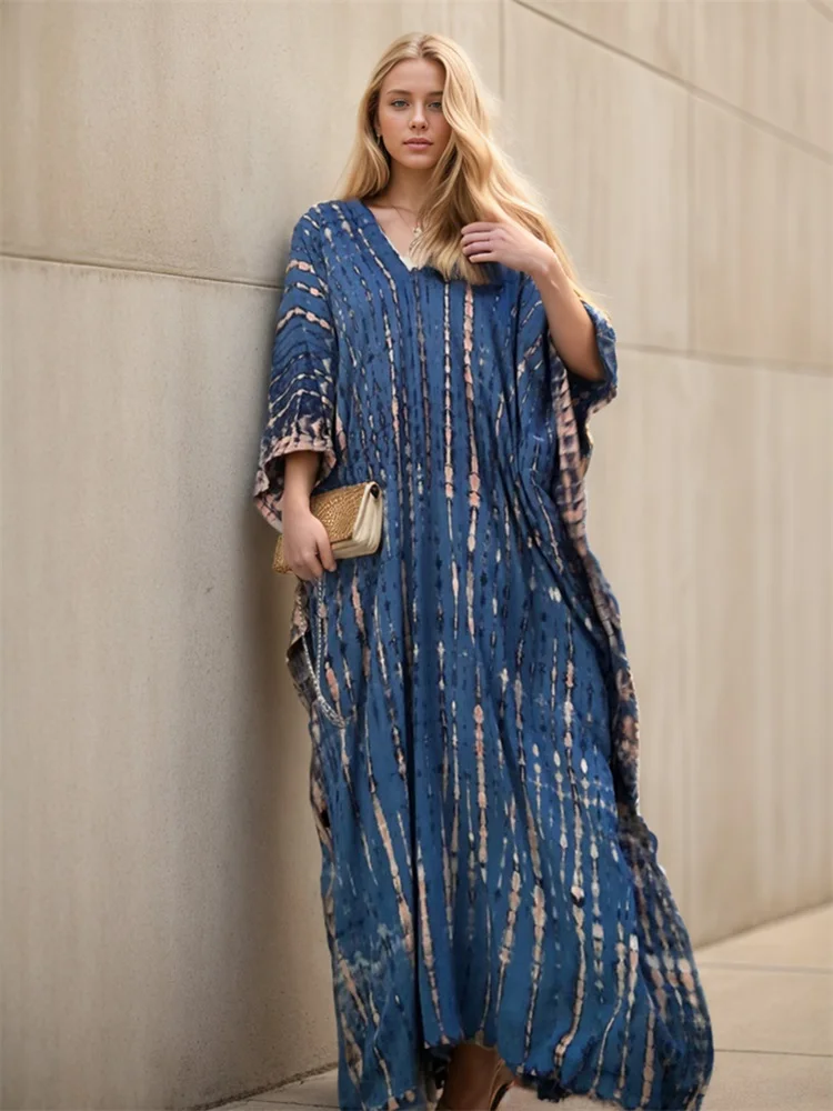 Seksowna Boho niebieski z nadrukiem w paski Plus Size dekoltem w szpic boczne rozcięcie sukienka Kaftan House 2024 damskie letnie okrycie