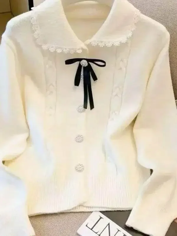 Loose Fit Color Block Knitted Sweater Coat Women's Spring Autumn Short Doll Collar Pure Color Knit Cardigan Trendy Style