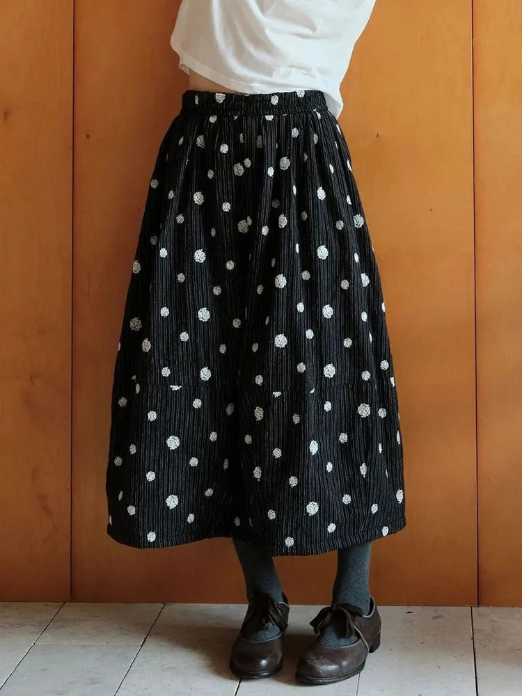Polka Dots Vintage Midi Skirt Women Autumn Winter High Waist Loose Black Bud Skirts Y2K Streetwear A Line Casual Retro Skirt New