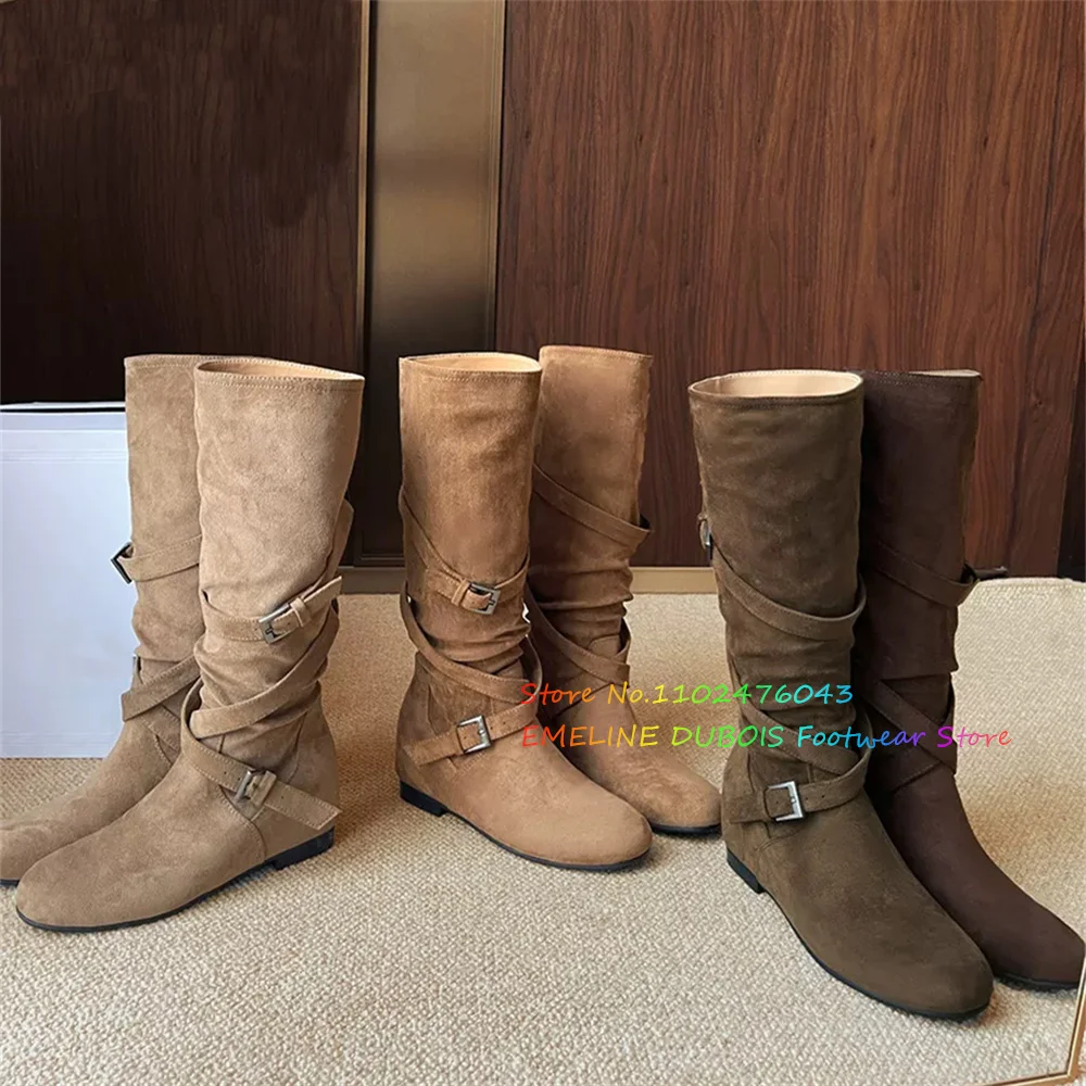 7cm Height Increasing Pleated Pile Boots for Women Winter Round Toe Flat Bottomed Long Boot Solid Color Western Knee High Boot