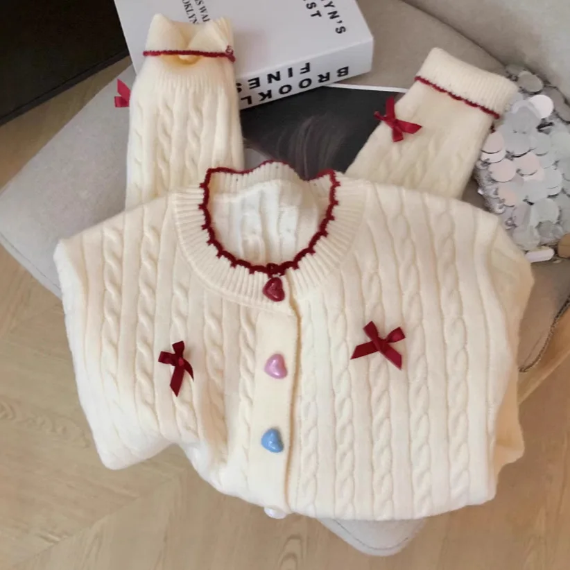 Gentle Wind Twist Crew Neck Breasted Contrasting Color Bow Design Sense Knitted Sweater Versatile and Thin Sweater Cardigan