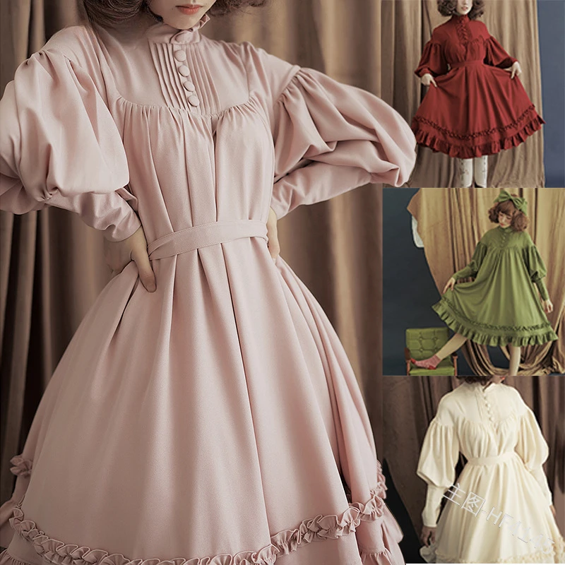 Women Lolita Dress Vintage Lantern Sleeve Peter Pan Collar Summer Solid A-Line Knee-Length Loose Womens Dress