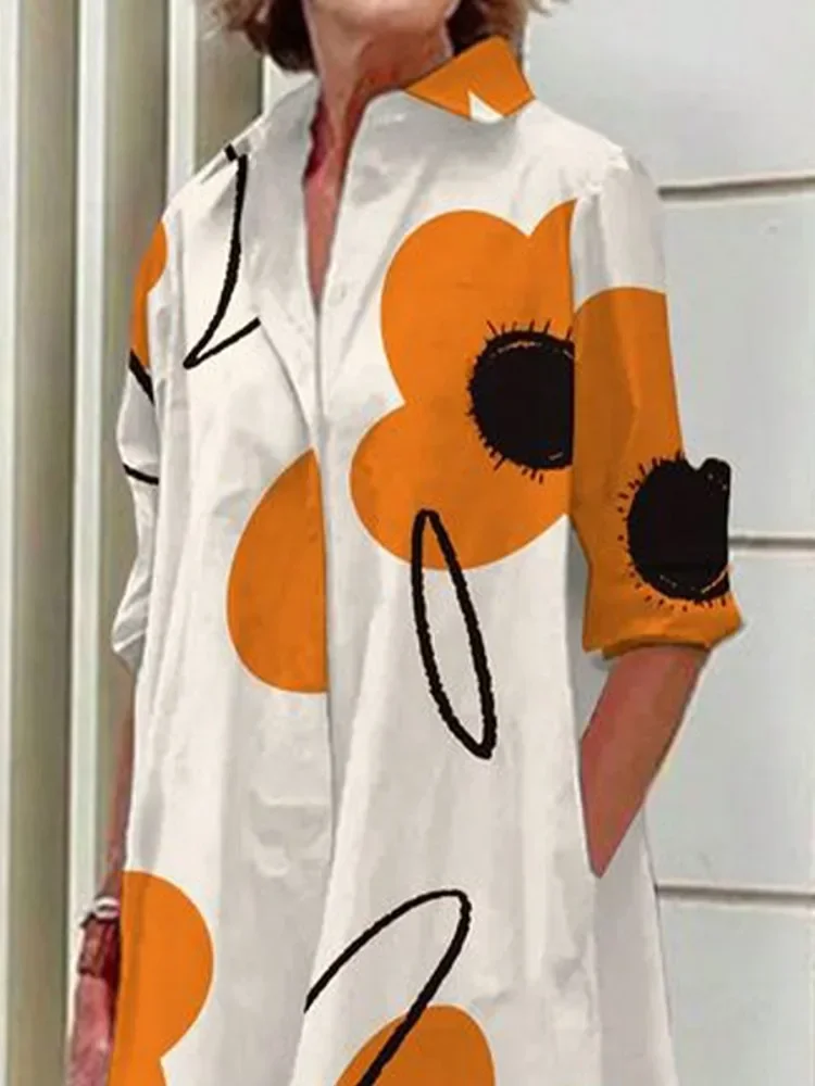 Lemongor Urban Female H-line Lapel Shirts Dress 2025 New Fashion Elegant Flower Printed Long Sleeves Party Evening Midi Dresses