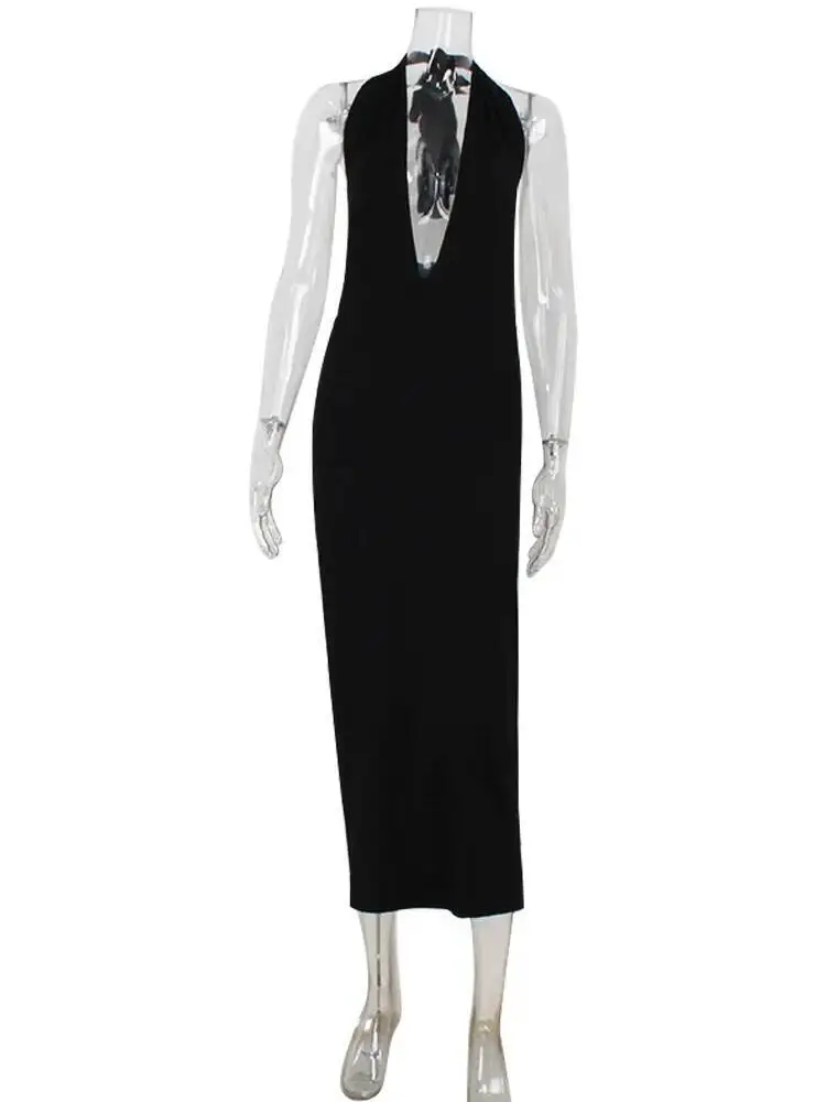 Ahagaga Mode Halter frauen Maxi Kleider Solide Tiefem V-ausschnitt Ärmellose Blackless Bandage Mantel Bodycon Party Vestidos Roben