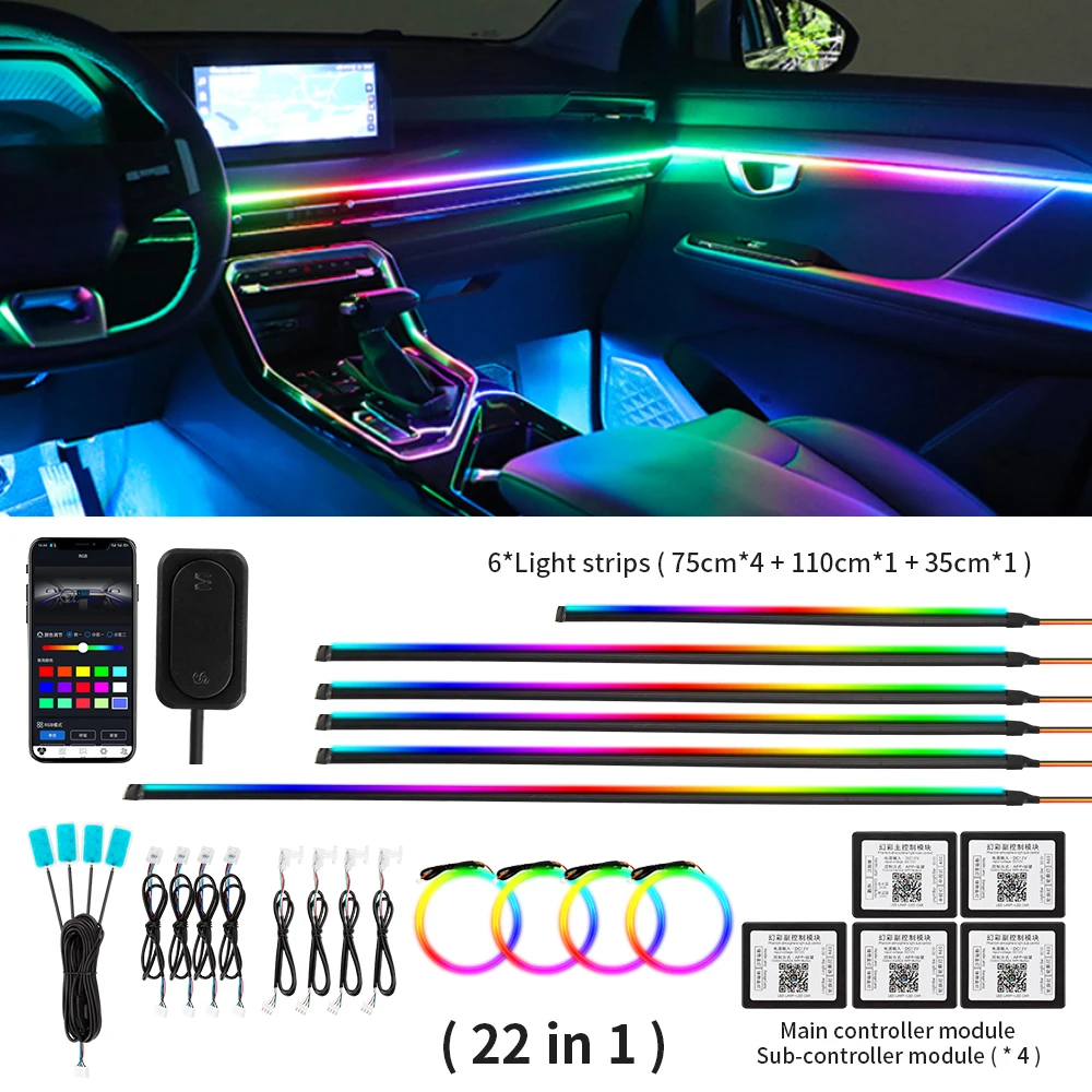 

Car LED Ambient Atmosphere Light 22 In 1 RGB Universal for BMW Honda Toyota Ford VW Auto Interior Atmosphere Lamp With App Contr