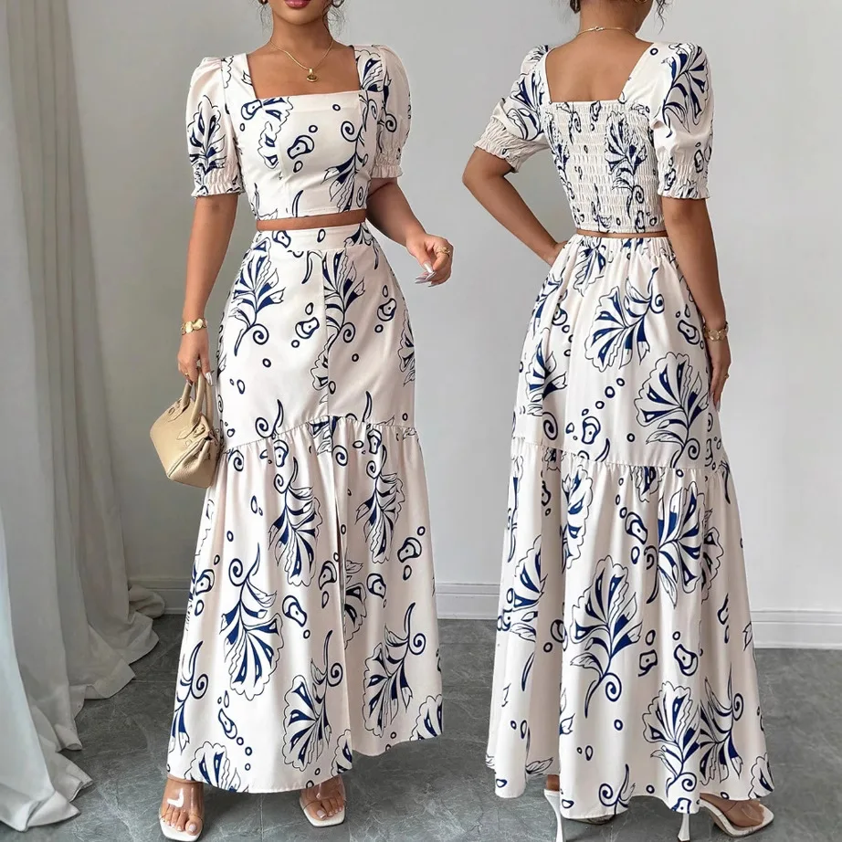 

Women's Summer New Printed Square Neck Short Sleeve Half Skirt Set Dress Elegant Party Bandage Femme Outfits