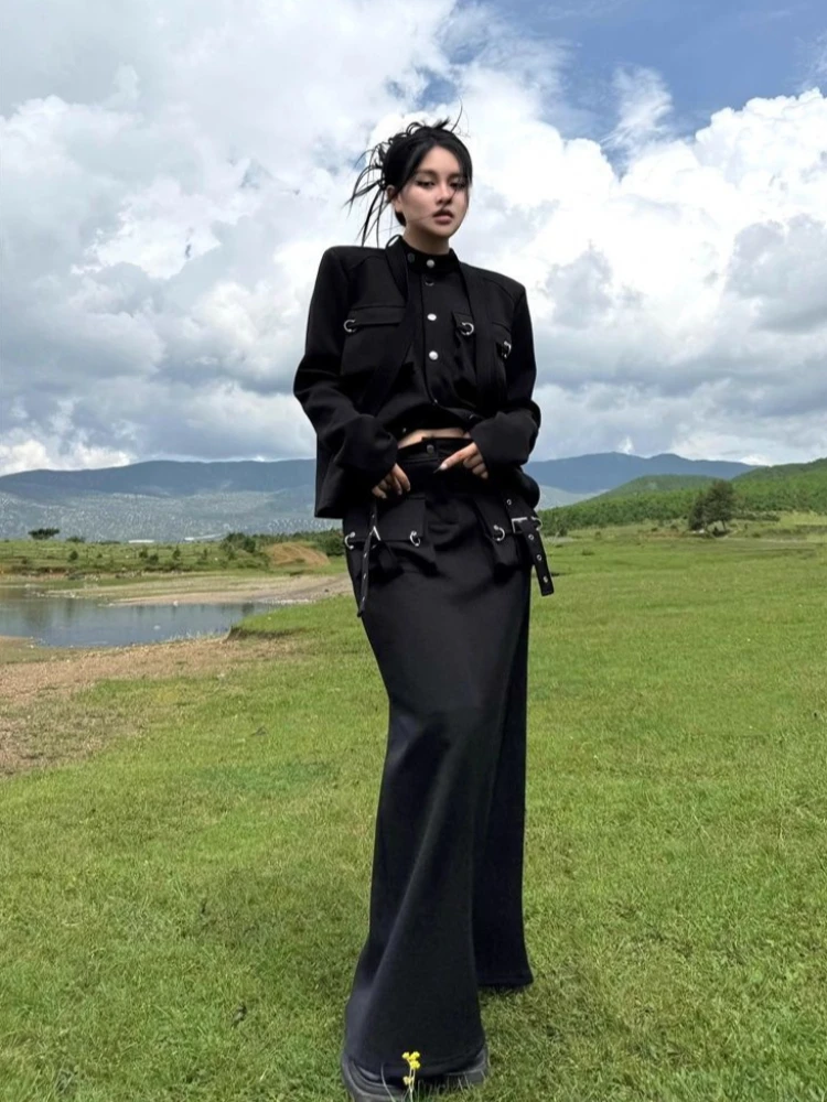Women's Black Edgy Gothic Set - Maxi Skirt with Metal Buckles & Cropped Cargo Jacket, Vintage Punk Streetwear for Spring Autumn