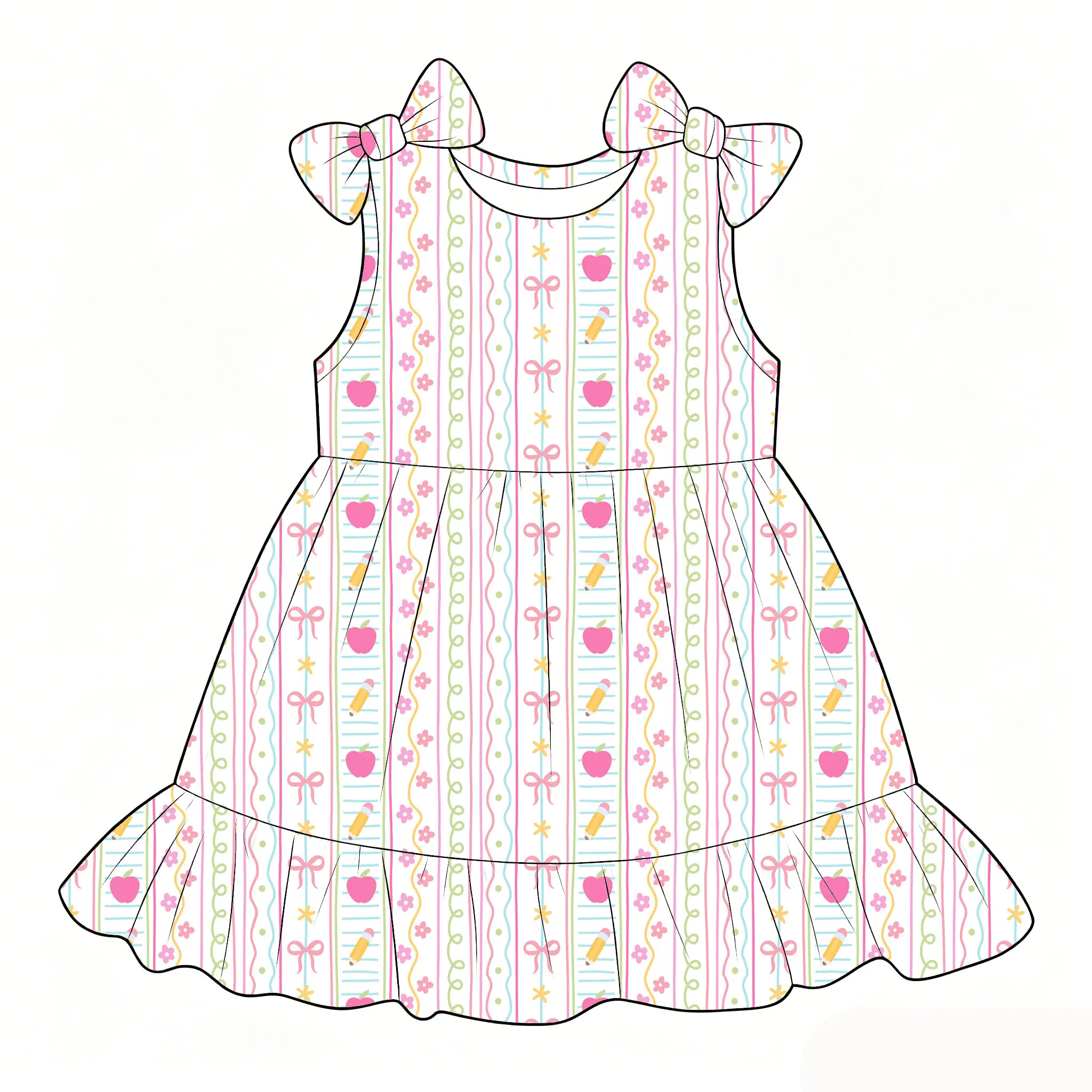 Boutique Hot-selling girls' dress neck sling Bow decoration back to school print custom wholesale